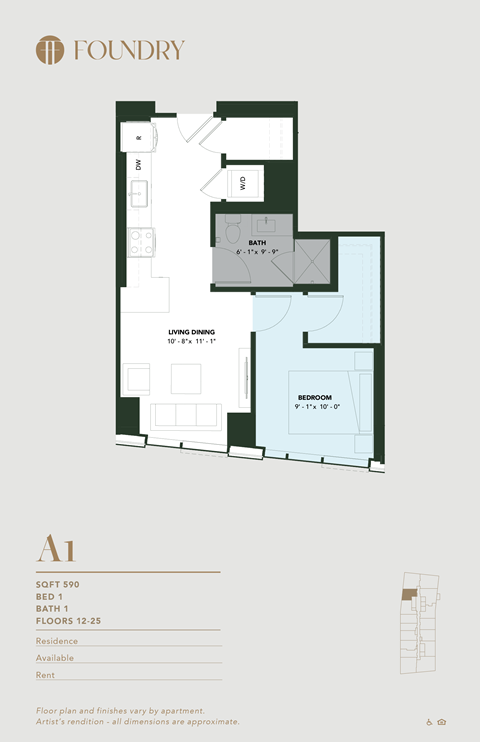 Floor plan for 1 bed, 1 bath, 590 sqft
